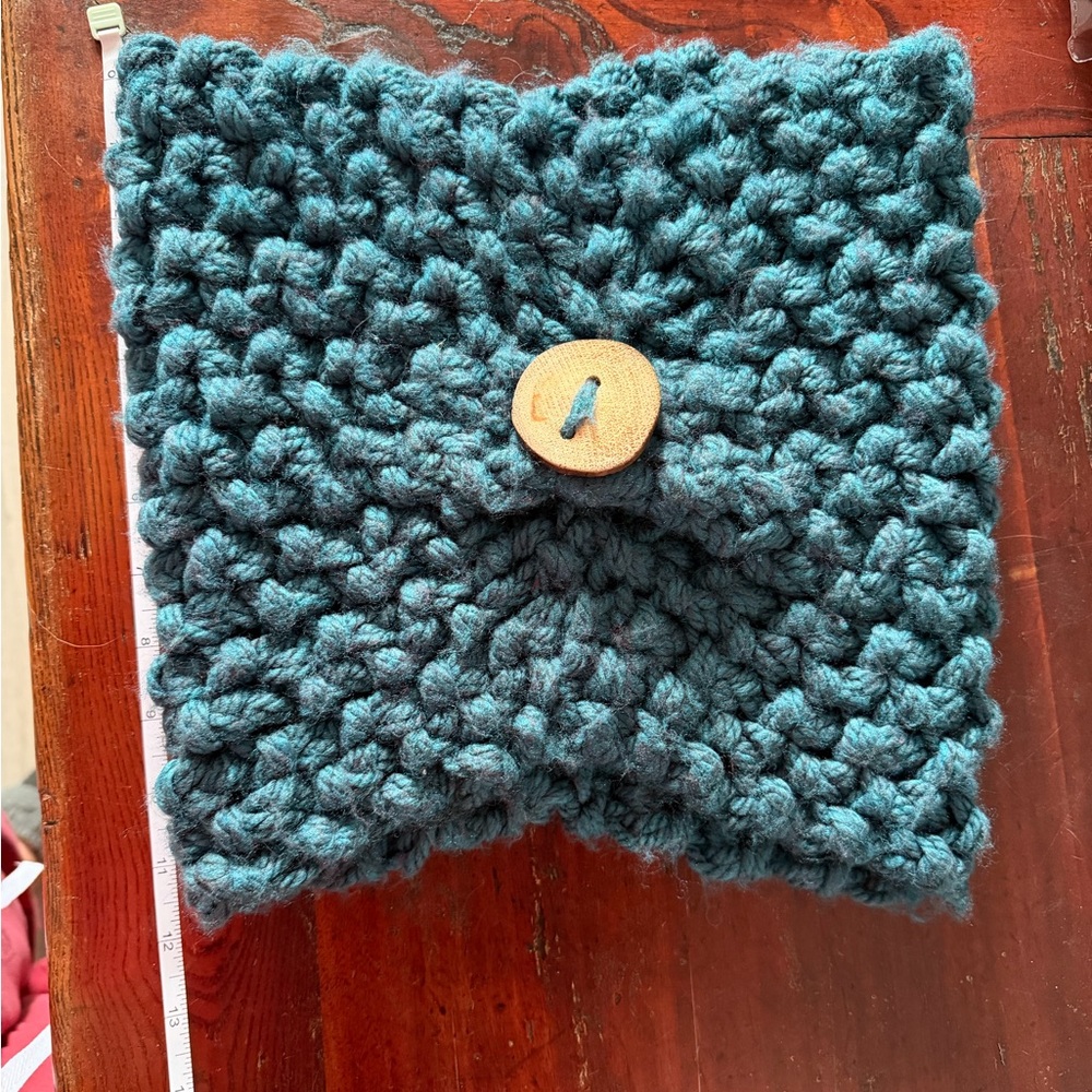Handmade Teal Knit Scarf with Wooden Button